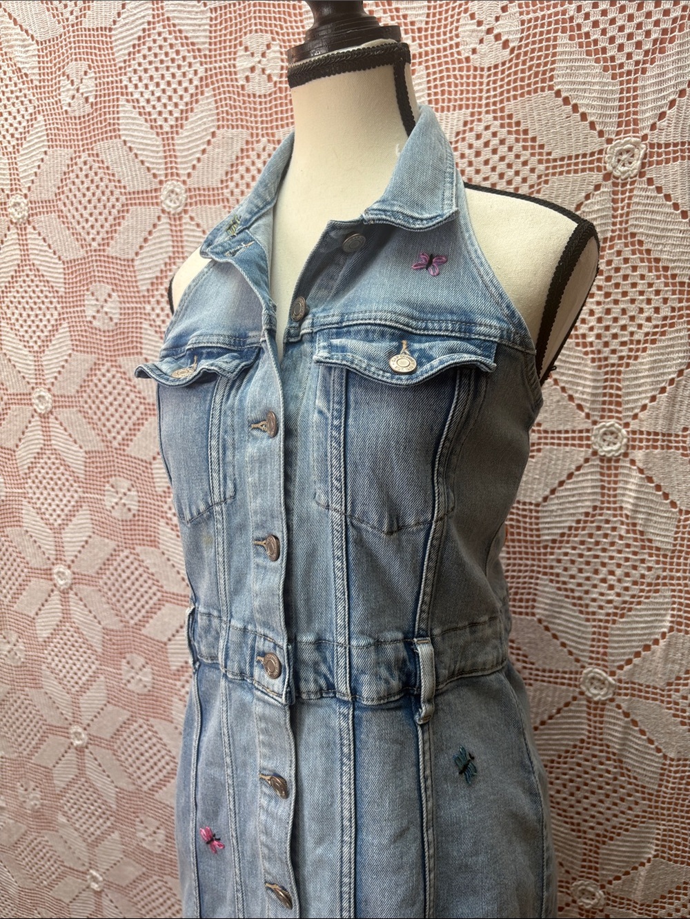 Embroidered Denim Halter Mini Dress Backless Button Front - Picture 8 of 8